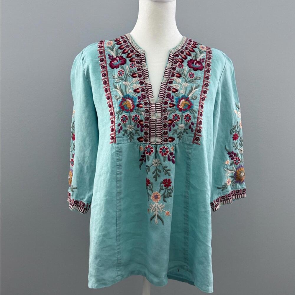 Johnny Was Green Linen Embroidered 3/4 Sleeve Tunic